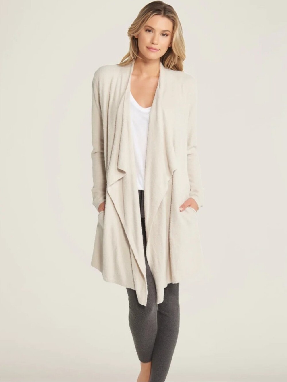 Barefoot Dreams Cozychic Lite Cream Knit Open Cardigan Sweater S/M